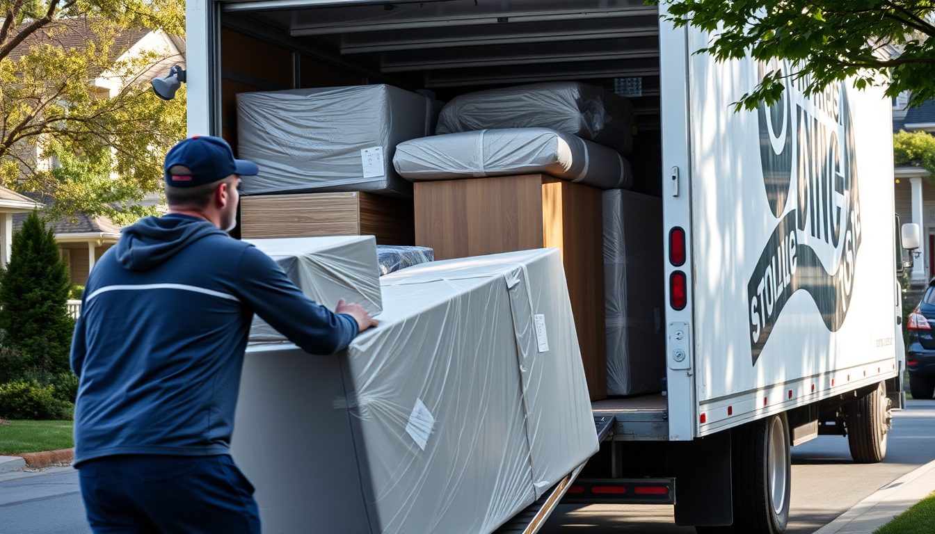 Transport Max Doucet - moving truck and wrapped furniture in Saint-Eustache